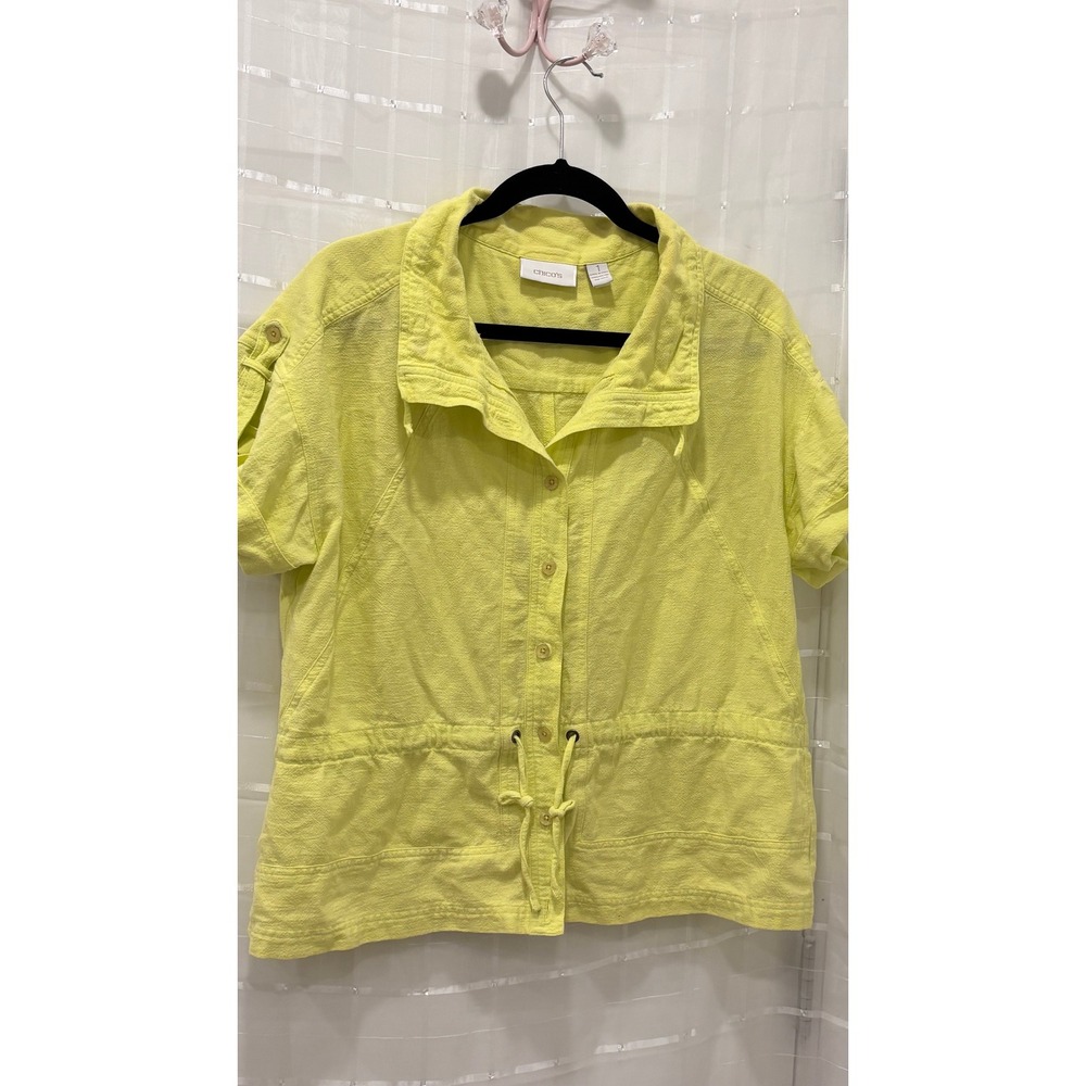 Chicos Lime Yellow‎ Cotton Drawstring Waist Button Up Shirt Jacket Womens Size 1